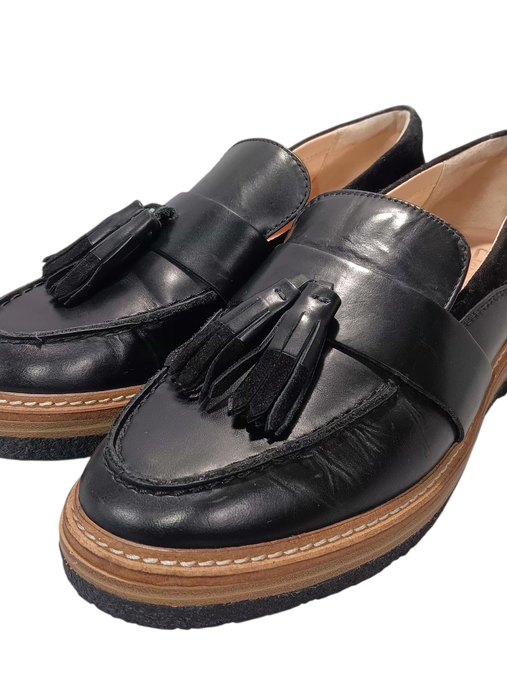Clarks Zante Spring Tassel Loafers Womans 7.5 Black Leather Suede Modest Office